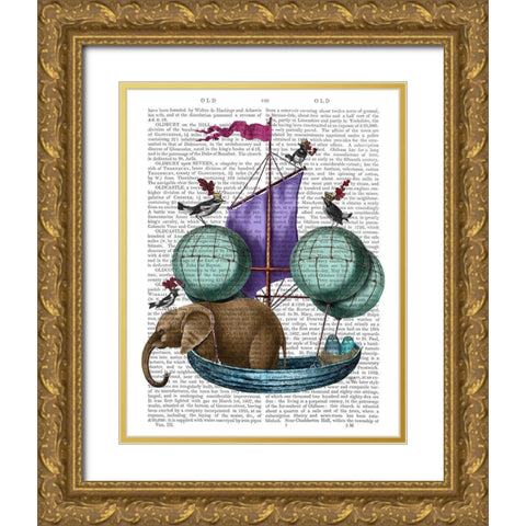Elephant in Airship Gold Ornate Wood Framed Art Print with Double Matting by Fab Funky