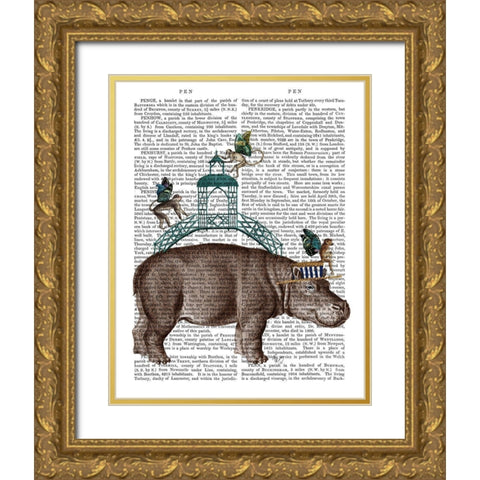 Hippo and Monkey Bridge Gold Ornate Wood Framed Art Print with Double Matting by Fab Funky