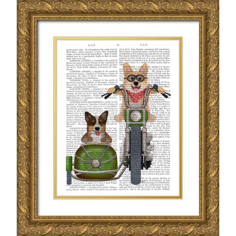 Corgi Chopper and Sidecar Gold Ornate Wood Framed Art Print with Double Matting by Fab Funky