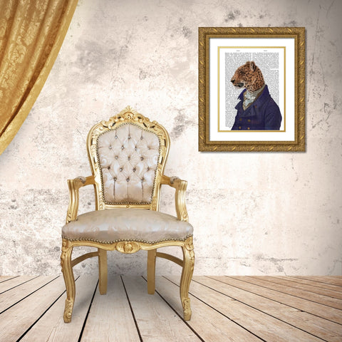 Leopard in Blue Jacket Gold Ornate Wood Framed Art Print with Double Matting by Fab Funky