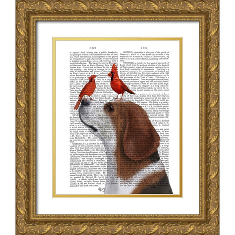 Beagle and Red Cardinals Gold Ornate Wood Framed Art Print with Double Matting by Fab Funky