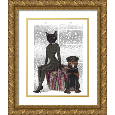 Black Cat and Rottweiler Book Print Gold Ornate Wood Framed Art Print with Double Matting by Fab Funky