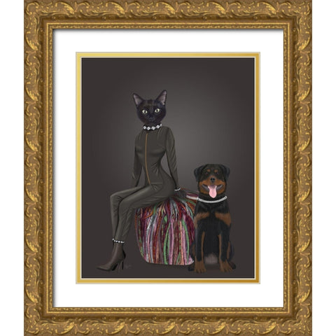 Black Cat and Rottweiler Gold Ornate Wood Framed Art Print with Double Matting by Fab Funky