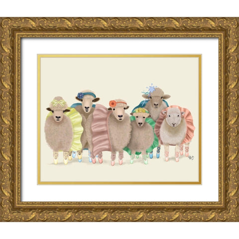 Ballet Troupe Sheep Gold Ornate Wood Framed Art Print with Double Matting by Fab Funky