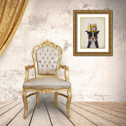 Border Collie Tricolour Beer Lover Gold Ornate Wood Framed Art Print with Double Matting by Fab Funky
