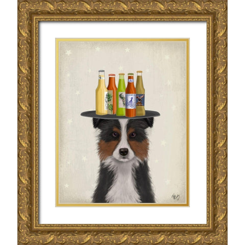 Border Collie Tricolour Beer Lover Gold Ornate Wood Framed Art Print with Double Matting by Fab Funky