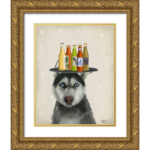 Husky 2 Beer Lover Gold Ornate Wood Framed Art Print with Double Matting by Fab Funky