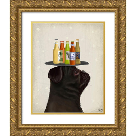 Pug Black Beer Lover Gold Ornate Wood Framed Art Print with Double Matting by Fab Funky