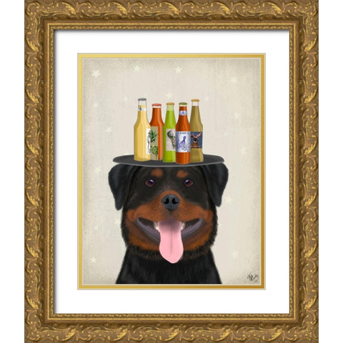 Rottweiler Beer Lover Gold Ornate Wood Framed Art Print with Double Matting by Fab Funky