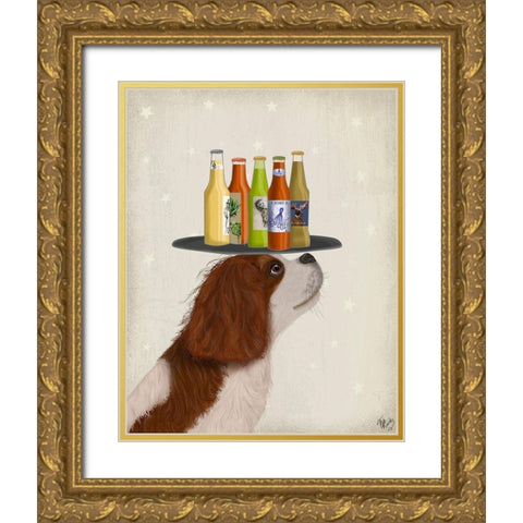 King Charles Spaniel Brown White Beer Lover Gold Ornate Wood Framed Art Print with Double Matting by Fab Funky