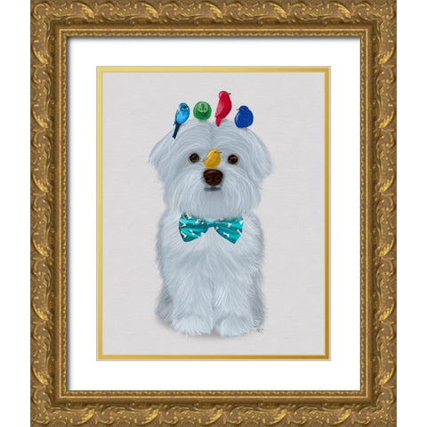 Maltese and Birds Gold Ornate Wood Framed Art Print with Double Matting by Fab Funky