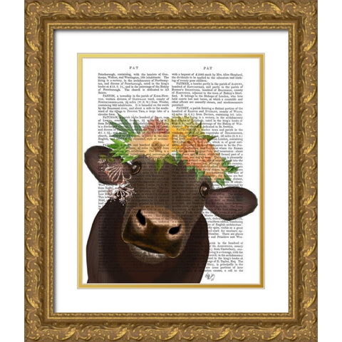 Cow with Flower Crown 1 Book Print Gold Ornate Wood Framed Art Print with Double Matting by Fab Funky