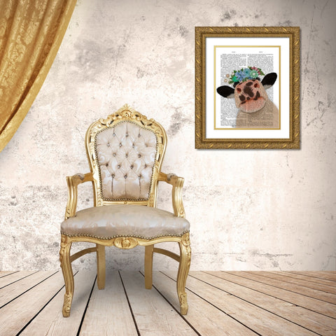 Cow with Flower Crown 2 Book Print Gold Ornate Wood Framed Art Print with Double Matting by Fab Funky