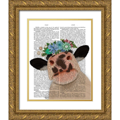 Cow with Flower Crown 2 Book Print Gold Ornate Wood Framed Art Print with Double Matting by Fab Funky