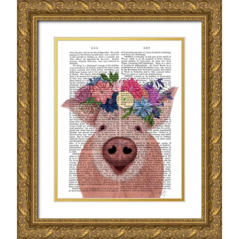 Pig and Flower Crown Book Print Gold Ornate Wood Framed Art Print with Double Matting by Fab Funky