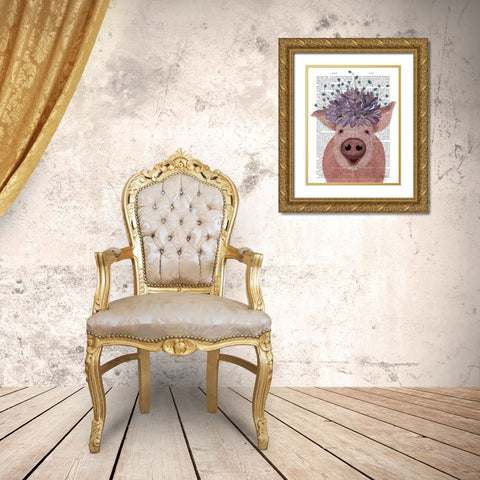 Pig and Lilac Flowers Book Print Gold Ornate Wood Framed Art Print with Double Matting by Fab Funky