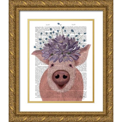 Pig and Lilac Flowers Book Print Gold Ornate Wood Framed Art Print with Double Matting by Fab Funky