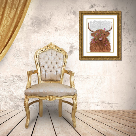 Highland Cow 1, Pink Flowers Book Print Gold Ornate Wood Framed Art Print with Double Matting by Fab Funky