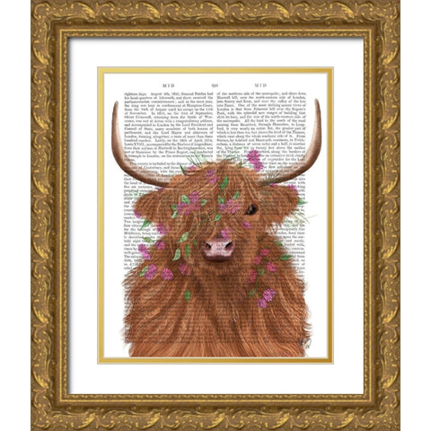 Highland Cow 1, Pink Flowers Book Print Gold Ornate Wood Framed Art Print with Double Matting by Fab Funky