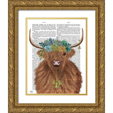 Highland Cow Bohemian 1 Book Print Gold Ornate Wood Framed Art Print with Double Matting by Fab Funky