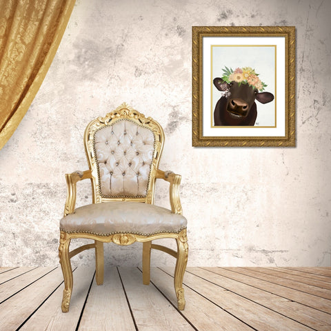 Cow with Flower Crown 1 Gold Ornate Wood Framed Art Print with Double Matting by Fab Funky
