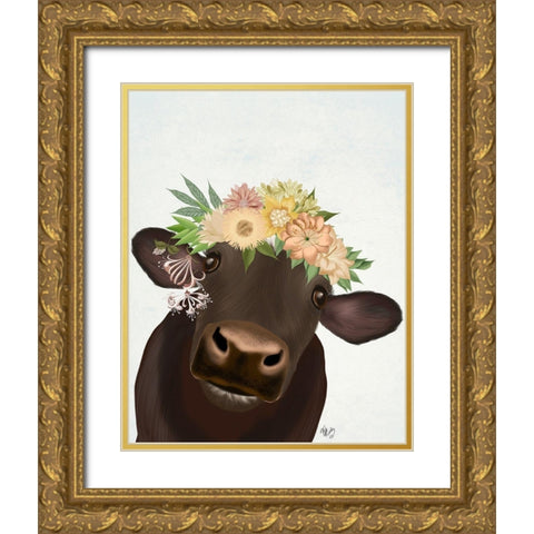 Cow with Flower Crown 1 Gold Ornate Wood Framed Art Print with Double Matting by Fab Funky