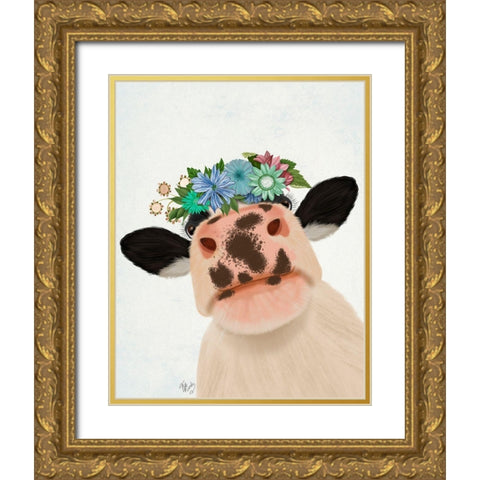 Cow with Flower Crown 1 Gold Ornate Wood Framed Art Print with Double Matting by Fab Funky
