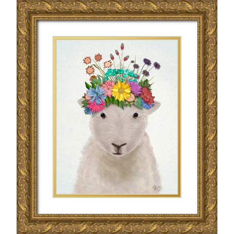 Sheep with Flower Crown 1 Gold Ornate Wood Framed Art Print with Double Matting by Fab Funky