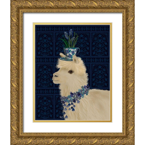 Llama Teacup and Blue Flowers Gold Ornate Wood Framed Art Print with Double Matting by Fab Funky
