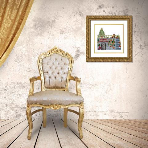 Christmas Des - Christmas Kennel - Bauble Gold Ornate Wood Framed Art Print with Double Matting by Fab Funky