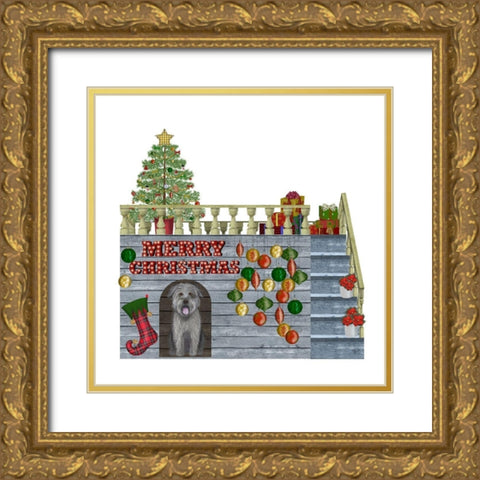 Christmas Des - Christmas Kennel - Bauble Gold Ornate Wood Framed Art Print with Double Matting by Fab Funky