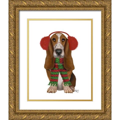 Christmas Des - Basset Hound and Ear Muffs Gold Ornate Wood Framed Art Print with Double Matting by Fab Funky