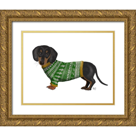 Christmas Des - Dachshund and Christmas Sweater Gold Ornate Wood Framed Art Print with Double Matting by Fab Funky