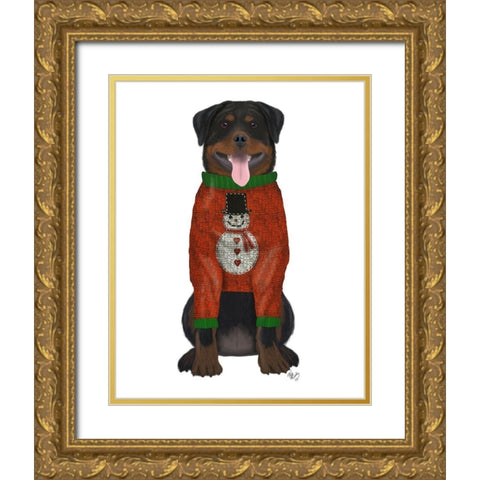 Christmas Des - Rottweiler in Christmas Sweater Gold Ornate Wood Framed Art Print with Double Matting by Fab Funky