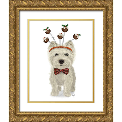 Christmas Des - Westie and Christmas Puds Gold Ornate Wood Framed Art Print with Double Matting by Fab Funky