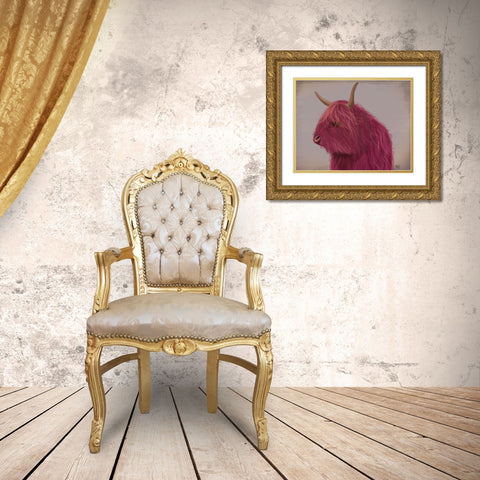 Highland Cow 4, Pink, Portrait Gold Ornate Wood Framed Art Print with Double Matting by Fab Funky