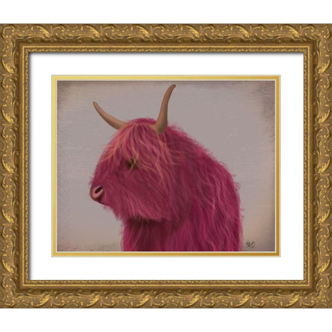 Highland Cow 4, Pink, Portrait Gold Ornate Wood Framed Art Print with Double Matting by Fab Funky