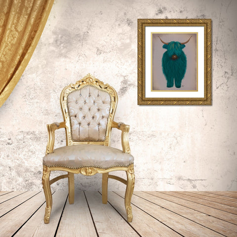 Highland Cow 3, Turquoise, Full Gold Ornate Wood Framed Art Print with Double Matting by Fab Funky