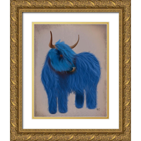 Highland Cow 2, Blue, Full Gold Ornate Wood Framed Art Print with Double Matting by Fab Funky