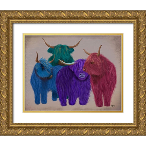 Highland Cows, Multicoloured Herd Gold Ornate Wood Framed Art Print with Double Matting by Fab Funky