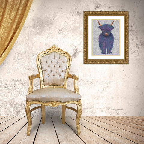 Highland Cow 7, Purple, Full Gold Ornate Wood Framed Art Print with Double Matting by Fab Funky
