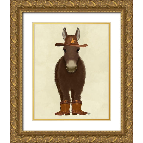 Donkey Cowboy Gold Ornate Wood Framed Art Print with Double Matting by Fab Funky