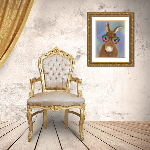 Donkey Purple Flower Glasses Gold Ornate Wood Framed Art Print with Double Matting by Fab Funky