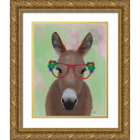 Donkey Red Flower Glasses Gold Ornate Wood Framed Art Print with Double Matting by Fab Funky
