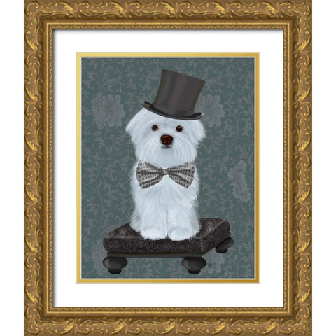 Maltese with Top Hat Gold Ornate Wood Framed Art Print with Double Matting by Fab Funky