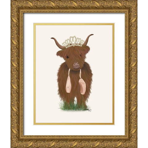 Highland Cow Ballet Gold Ornate Wood Framed Art Print with Double Matting by Fab Funky