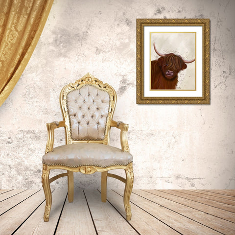 Highland Cow 5, Portrait Gold Ornate Wood Framed Art Print with Double Matting by Fab Funky