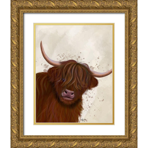 Highland Cow 5, Portrait Gold Ornate Wood Framed Art Print with Double Matting by Fab Funky