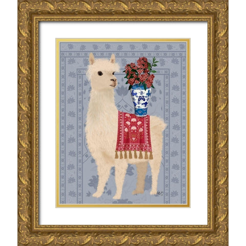 Llama Chinoiserie 2 Gold Ornate Wood Framed Art Print with Double Matting by Fab Funky