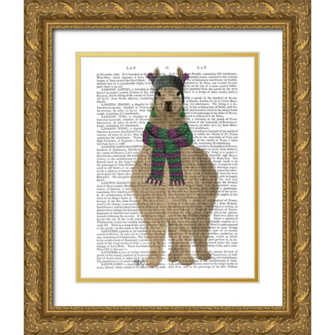 Llama with Purple Scarf, Full Book Print Gold Ornate Wood Framed Art Print with Double Matting by Fab Funky